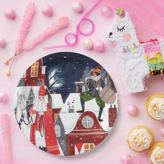 Sinterklaas en Piet op de daken van Amsterdam Papieren Bordje (Feest)