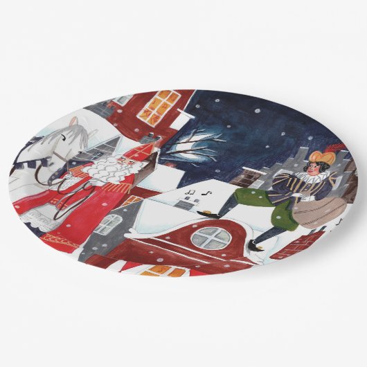 Sinterklaas en Piet op de daken van Amsterdam Papieren Bordje (Gekanteld)