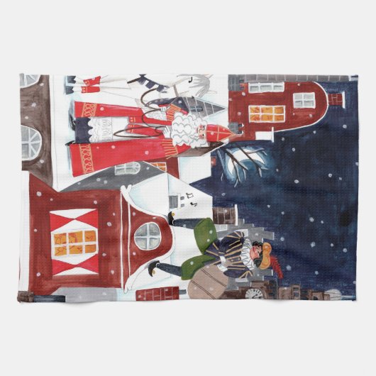 Sinterklaas en Piet op de daken van Amsterdam Pos Theedoek (Horizontaal)