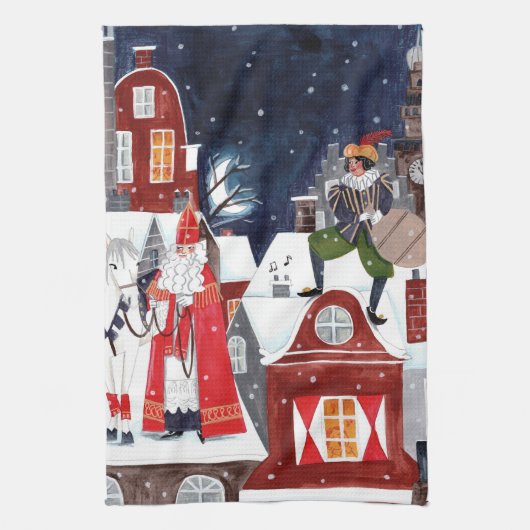 Sinterklaas en Piet op de daken van Amsterdam Pos Theedoek (Verticaal)