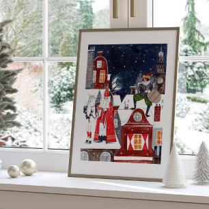 Sinterklaas en Piet op de daken van Amsterdam Poster