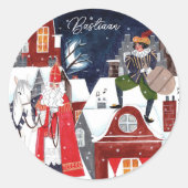 Sinterklaas en Piet op de daken van Amsterdam Ronde Sticker (Voorkant)