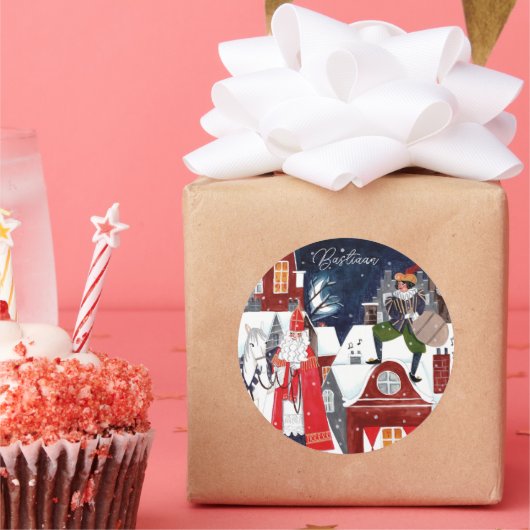 Sinterklaas en Piet op de daken van Amsterdam Ronde Sticker (Feest)