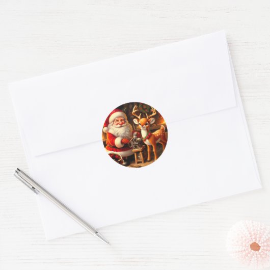 Sinterklaas en rendier ronde sticker (Envelop)