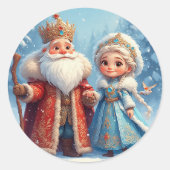 Sinterklaas en sneeuwmeisje vieren kerst ronde sticker (Voorkant)