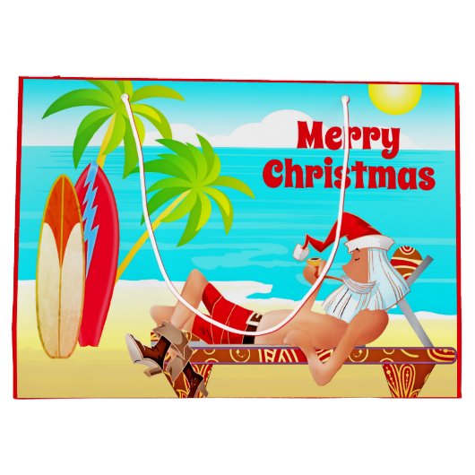 Sinterklaas en surfplanken Vrolijk kerststrand Groot Cadeauzakje (Achterkant)