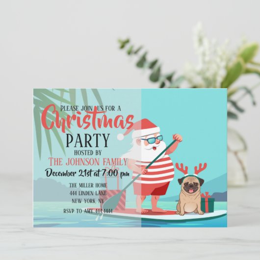 Sinterklaas en zijn pug op een surfbord kaart (Staand voorkant)