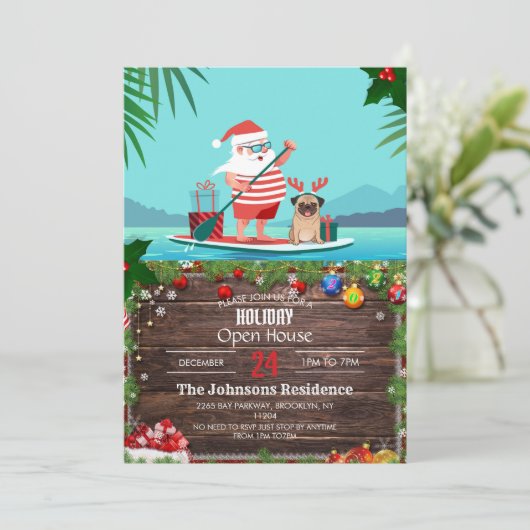 Sinterklaas en zijn pug op een surfbord kaart (Staand voorkant)