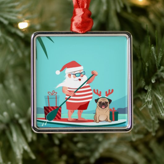 Sinterklaas en zijn pug op een surfbord metalen ornament (Boom)