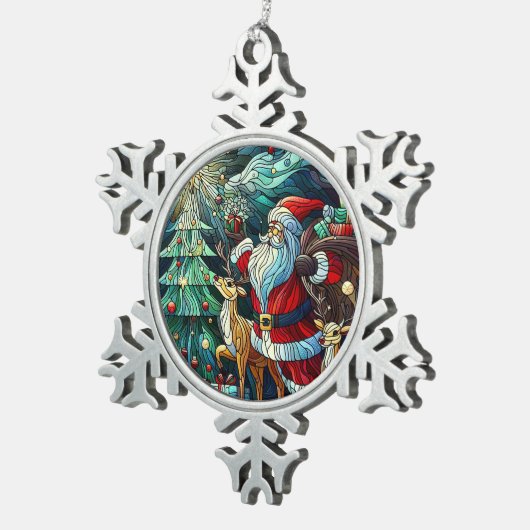 Sinterklaas en zijn rendierdragende geschenken tin sneeuwvlok ornament (Rechts)