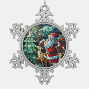 Sinterklaas en zijn rendierdragende geschenken tin sneeuwvlok ornament
