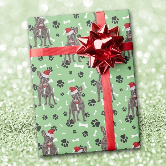Sinterklaas Frenchie Pootafdruk Patroon op Groen Cadeaupapier