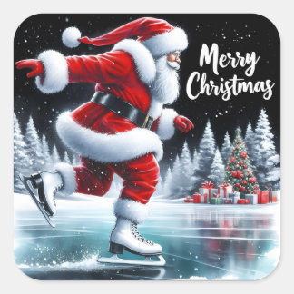 Sinterklaas geniet van schaatsen op een wintervijv vierkante sticker