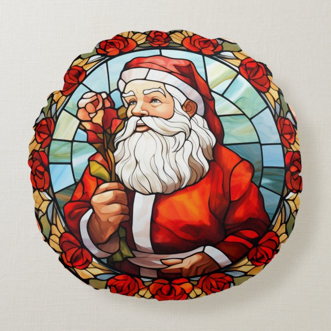  Sinterklaas Glas in lood Rozen Kerstmis Rond Kussen (Voorkant)
