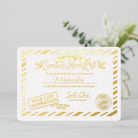 Sinterklaas Goede Lijst Certificaat Aangepast Goud Folie Uitnodiging (Staand Voorkant)