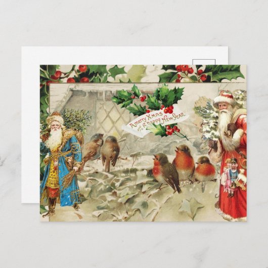 Sinterklaas, Holly Berry en Birds Collage Feestdagenkaart (Voorkant / Achterkant)