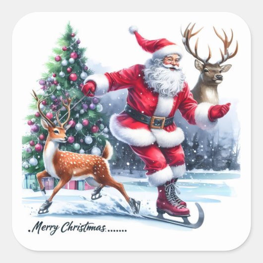 Sinterklaas houdt van schaatsen met een rendier vierkante sticker (Voorkant)