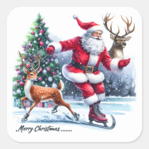 Sinterklaas houdt van schaatsen met een rendier vierkante sticker