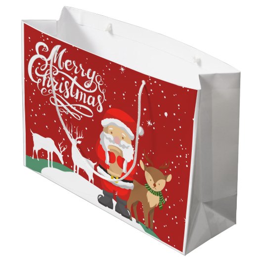 Sinterklaas in de sneeuw met rode rendeers groot cadeauzakje (Achterkant Gekanteld)
