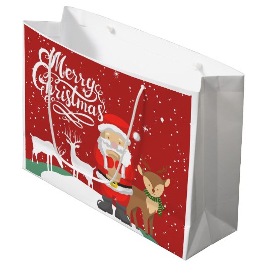 Sinterklaas in de sneeuw met rode rendeers groot cadeauzakje (Voorkant Gekanteld)