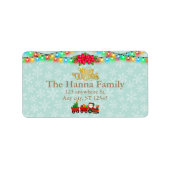 Sinterklaas in de trein met geschenken en kerstboo etiket (Voorkant)