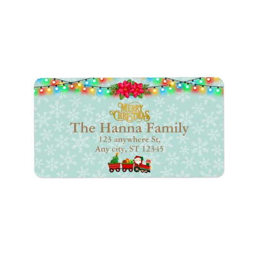 Sinterklaas in de trein met geschenken en kerstboo etiket (Voorkant)