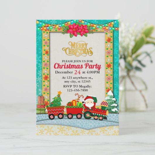 Sinterklaas in de trein met geschenken en kerstboo feestdagenkaart (Staand voorkant)