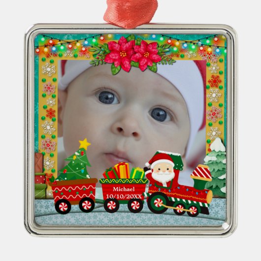 Sinterklaas in de trein met geschenken en kerstboo metalen ornament (Voorkant)