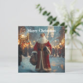 Sinterklaas in een feestelijk besneeuwd dorp  feestdagenkaart (Staand voorkant)