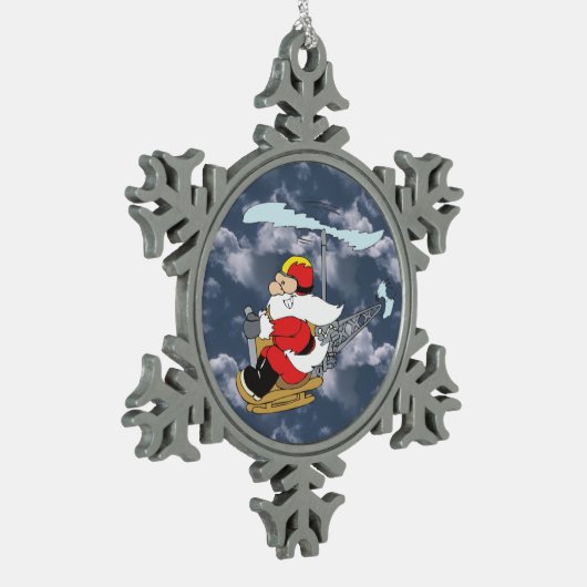 Sinterklaas in een helikopter tin sneeuwvlok ornament (Links)