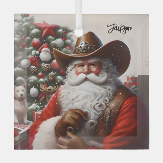 Sinterklaas in lederen cowboy Pet kerst Glas Ornament (Voorkant)