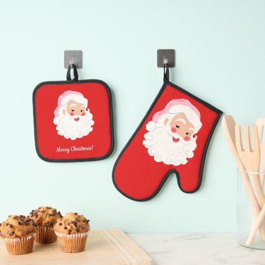 Sinterklaas in roze Pet op rood Ovenwant & Pannenlap Set (Insitu(Ophanging))