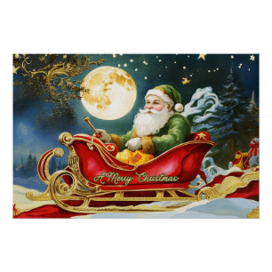  Sinterklaas in Sleigh, Volle Maan, Sterren Perfect Poster