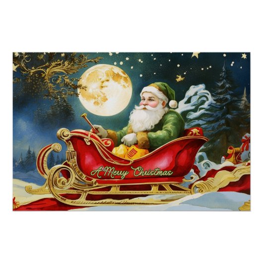  Sinterklaas in Sleigh, Volle Maan, Sterren Perfect Poster (Voorkant)