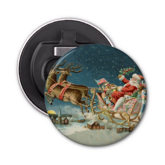 Sinterklaas Kerst Antiek Sleigh Rendier Button Flesopener (Voorkant)
