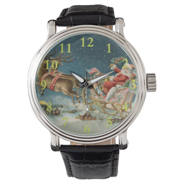 Sinterklaas Kerst Antiek Sleigh Rendier Horloge (Voorkant)