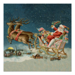 Sinterklaas Kerst Antiek Sleigh Rendier Perfect Poster