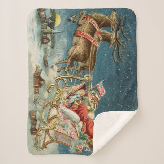 Sinterklaas Kerst Antiek Sleigh Rendier Sherpa Deken (Voorkant)