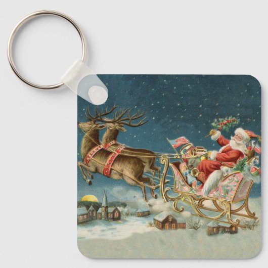 Sinterklaas Kerst Antiek Sleigh Rendier Sleutelhanger (Voorkant)