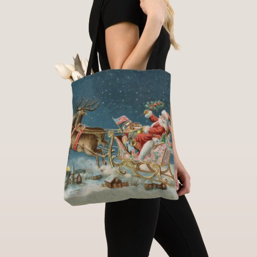 Sinterklaas Kerst Antiek Sleigh Rendier Tote Bag (Dichtbij)