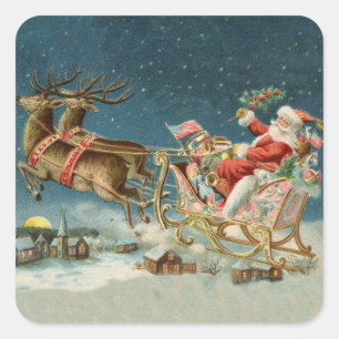 Sinterklaas Kerst Antiek Sleigh Rendier Vierkante Sticker