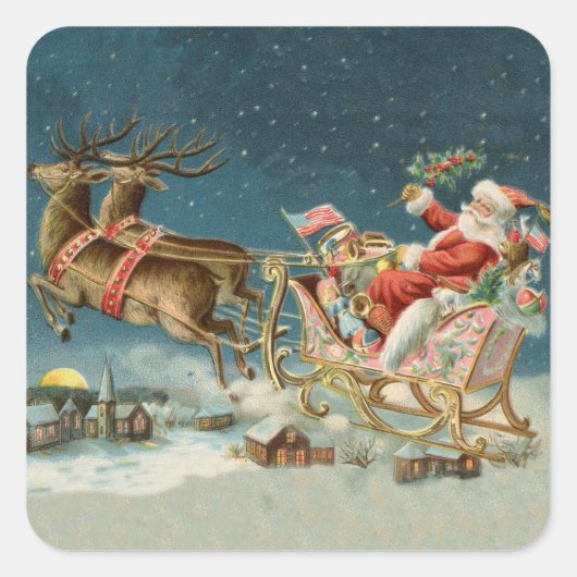 Sinterklaas Kerst Antiek Sleigh Rendier Vierkante Sticker (Voorkant)