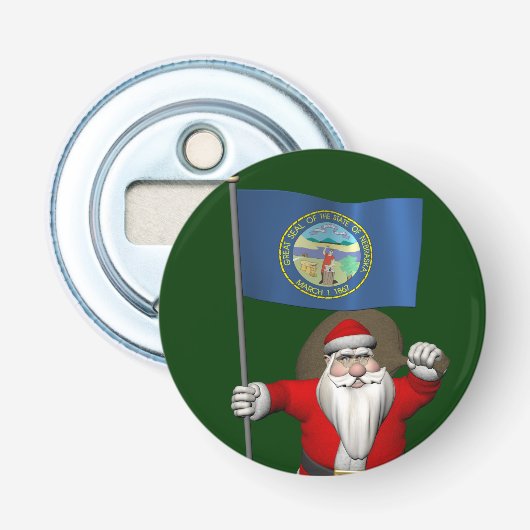 Sinterklaas met bordje van Nebraska Button Flesopener (Voorkant)