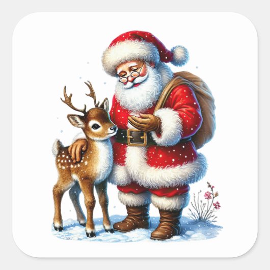 Sinterklaas met een vriendelijk hert in de winters vierkante sticker (Voorkant)