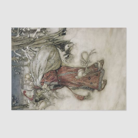 Sinterklaas met een zak cadeaus door sneeuw tissuepapier (Voorkant)