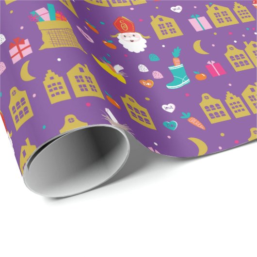 Sinterklaas met huisjes, zak kadootjes en snoep cadeaupapier (Rol Hoek)