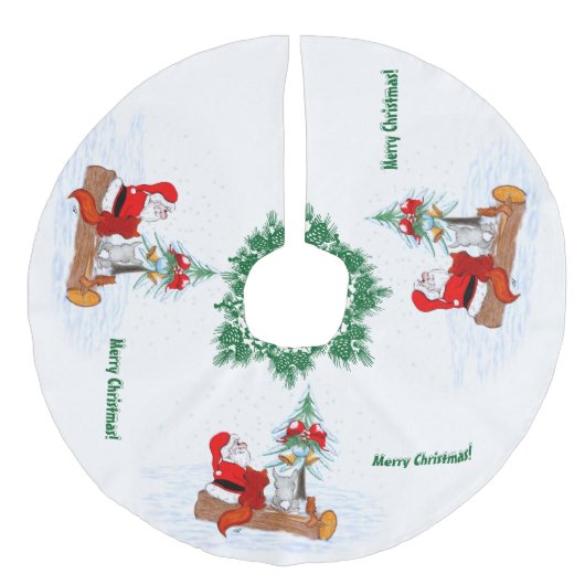 Sinterklaas met konijnenfox en eekhoorn imitatie linnen kerstboom rok (Voorkant)