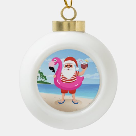 Sinterklaas met opblaasbare flamingo keramische bal ornament (Voorkant)
