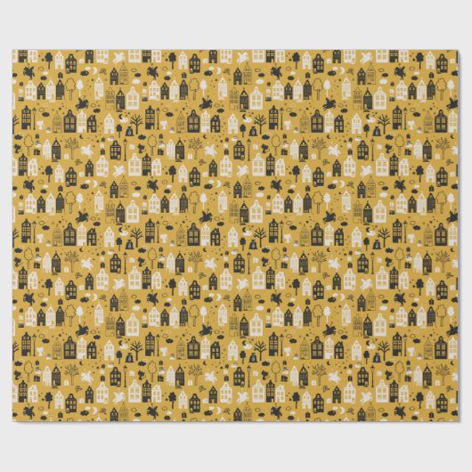 Sinterklaas met paard en huisjes oker cadeaupapier (Vlak)