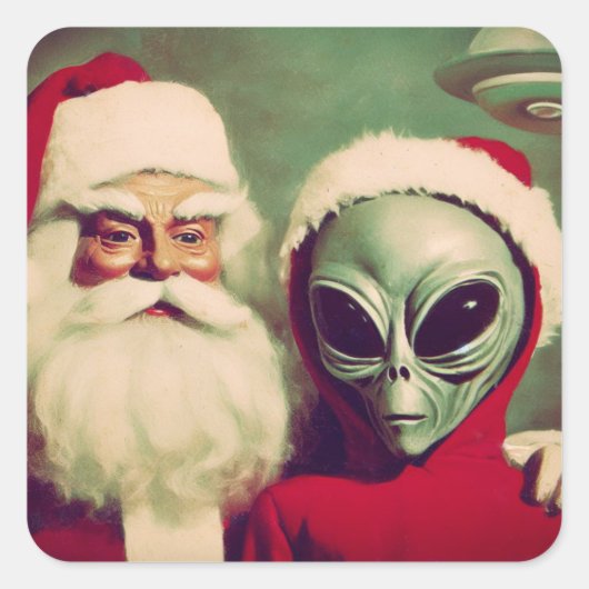 Sinterklaas met Space Alien UFO Kerstmis Vierkante Sticker (Voorkant)